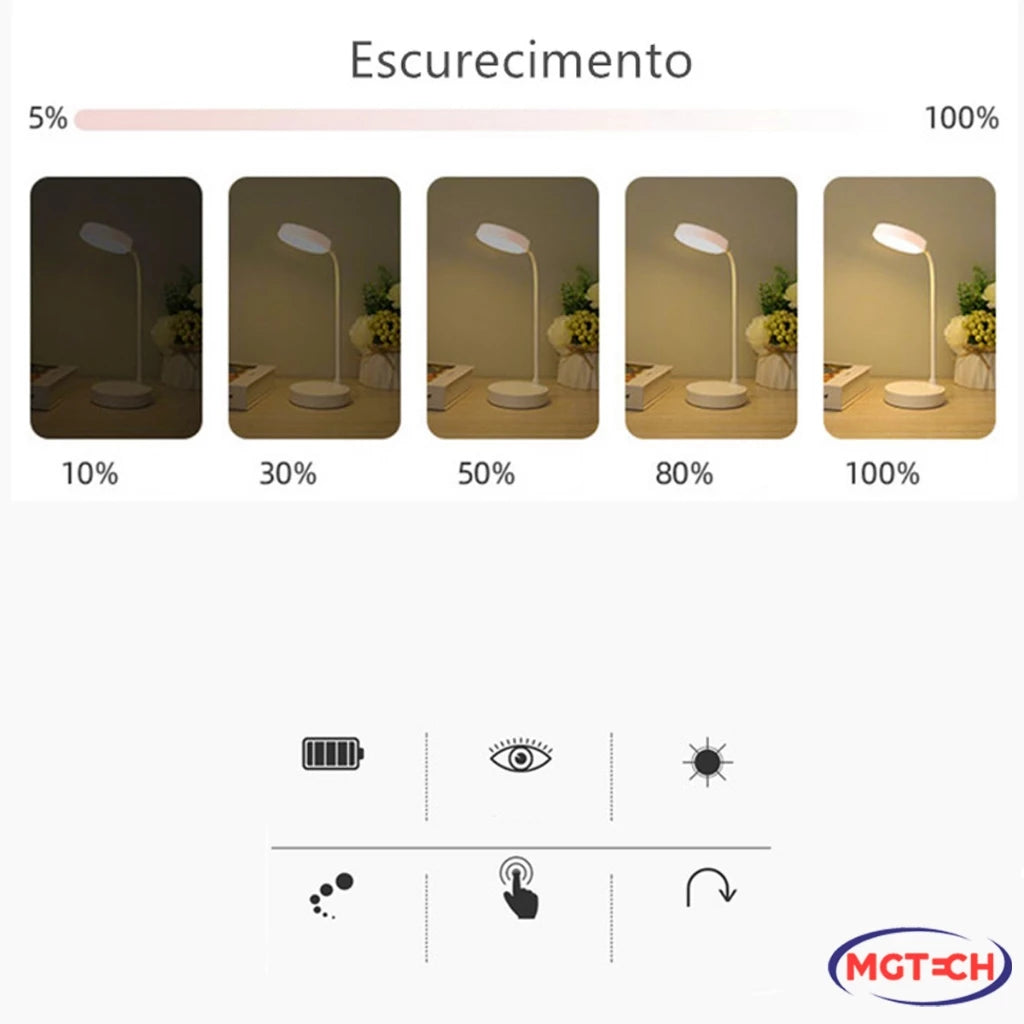 Luminária Abajur de Mesa LED Luz Recarregável Touch Haste Flexível Lâmpada De Estudo Sem Fio BigTech
