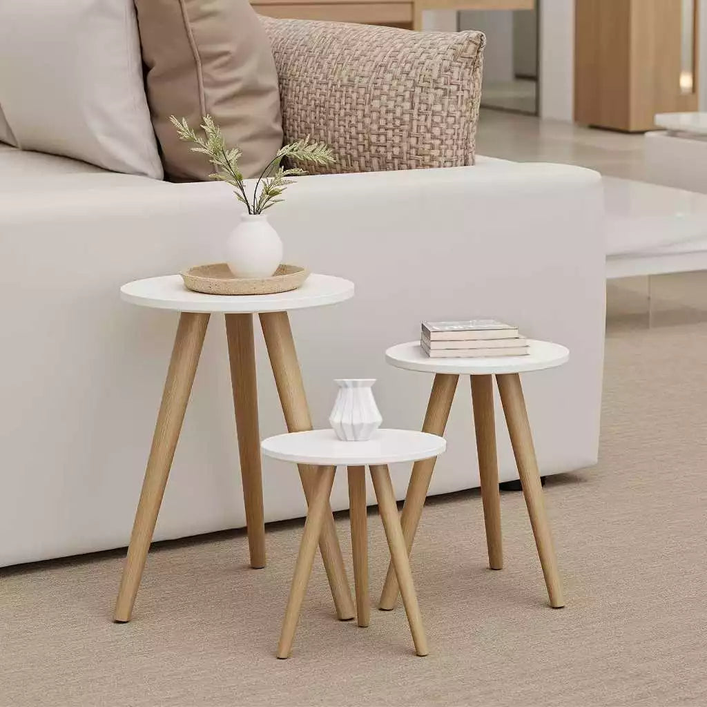 Kit Trio Jogo de Mesinhas Lateral Redondas Sala Pé Palito Retro