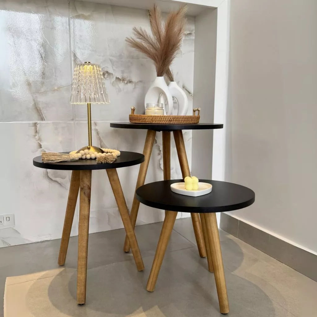 Kit Trio Jogo de Mesinhas Lateral Redondas Sala Pé Palito Retro