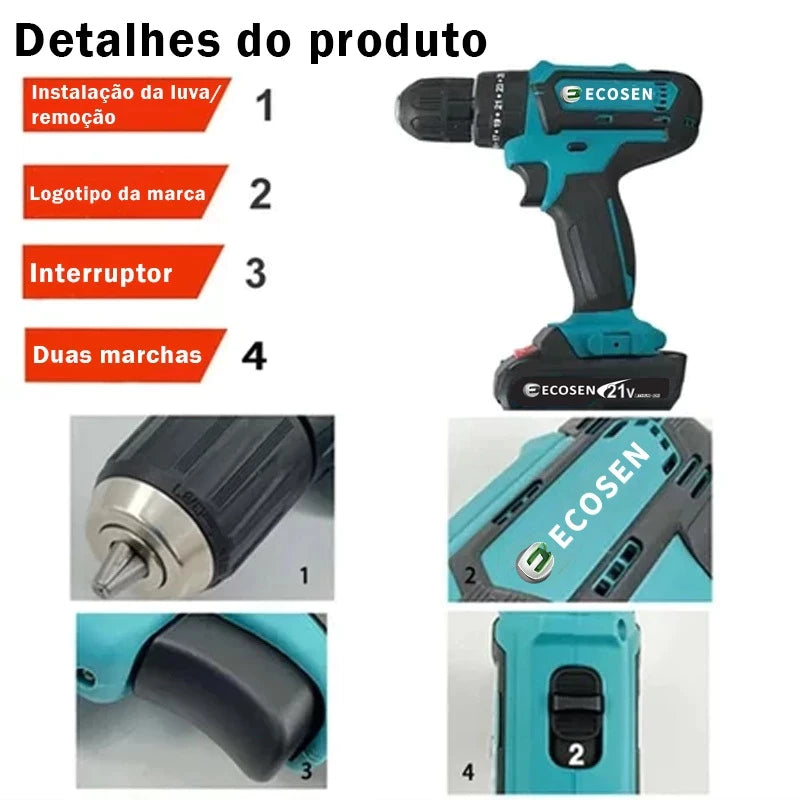 Furadeira Parafusadeira 3/8" bateria 21V com maleta e acessórios/ECOSEN Furadeira elétrica premium