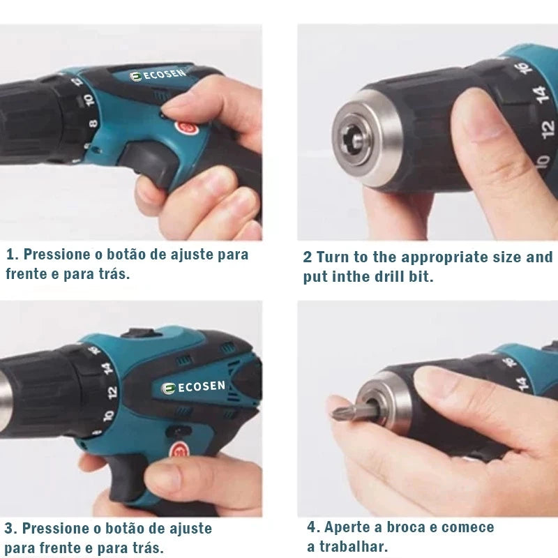 Furadeira Parafusadeira 3/8" bateria 21V com maleta e acessórios/ECOSEN Furadeira elétrica premium