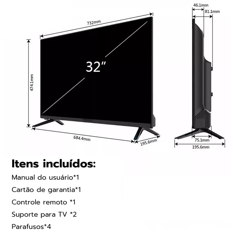 Smart TV 32 polegadas LED HD Wi-Fi TV 60Hz 32wdsnbx 100/240v Android 14